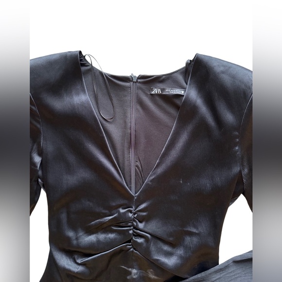 Zara black shiny body suit, shoulder pads, ruched satin effect, size small - Picture 3 of 5